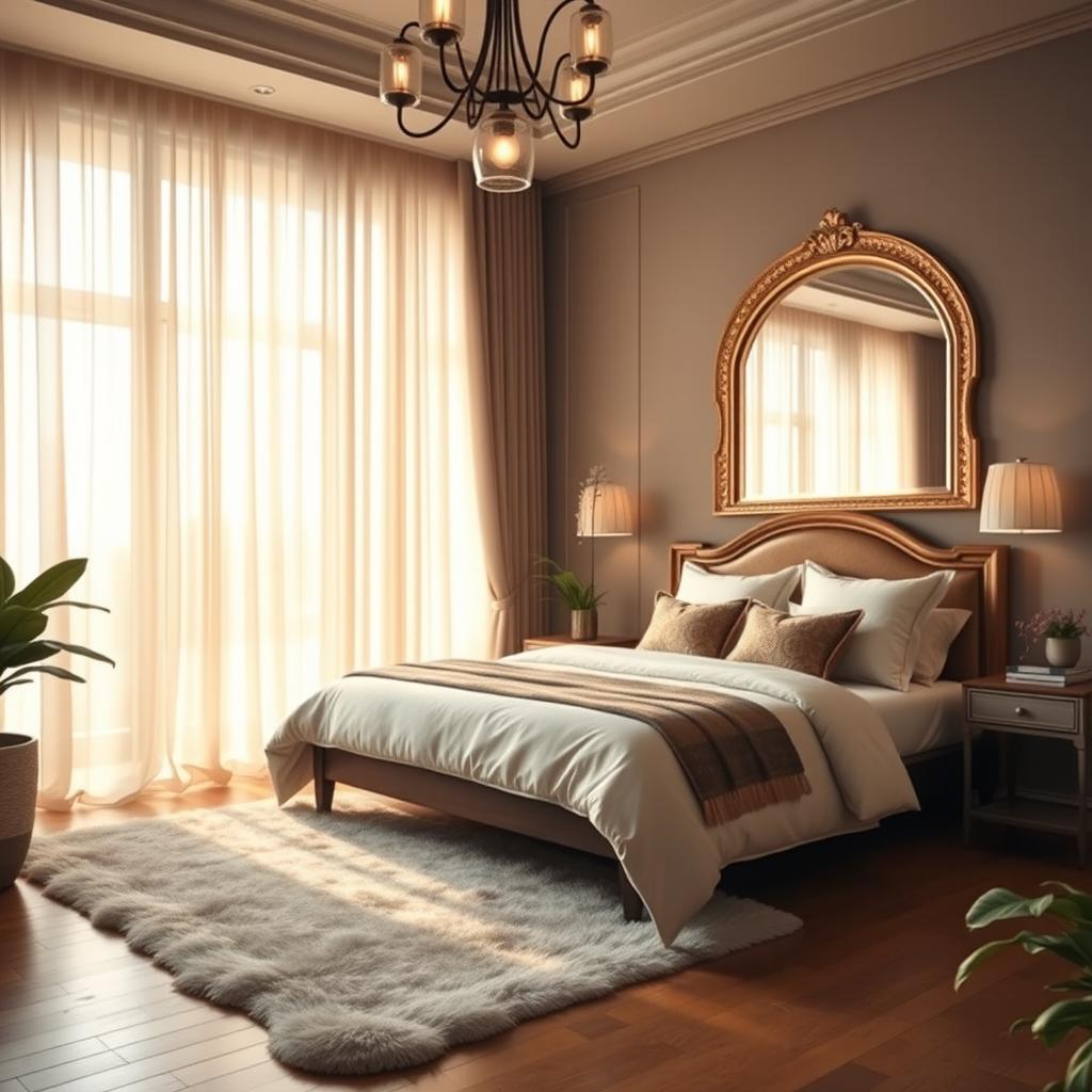 A beautifully designed bedroom featuring a stylish bed with elegant bedding, a wooden headboard, and decorative pillows