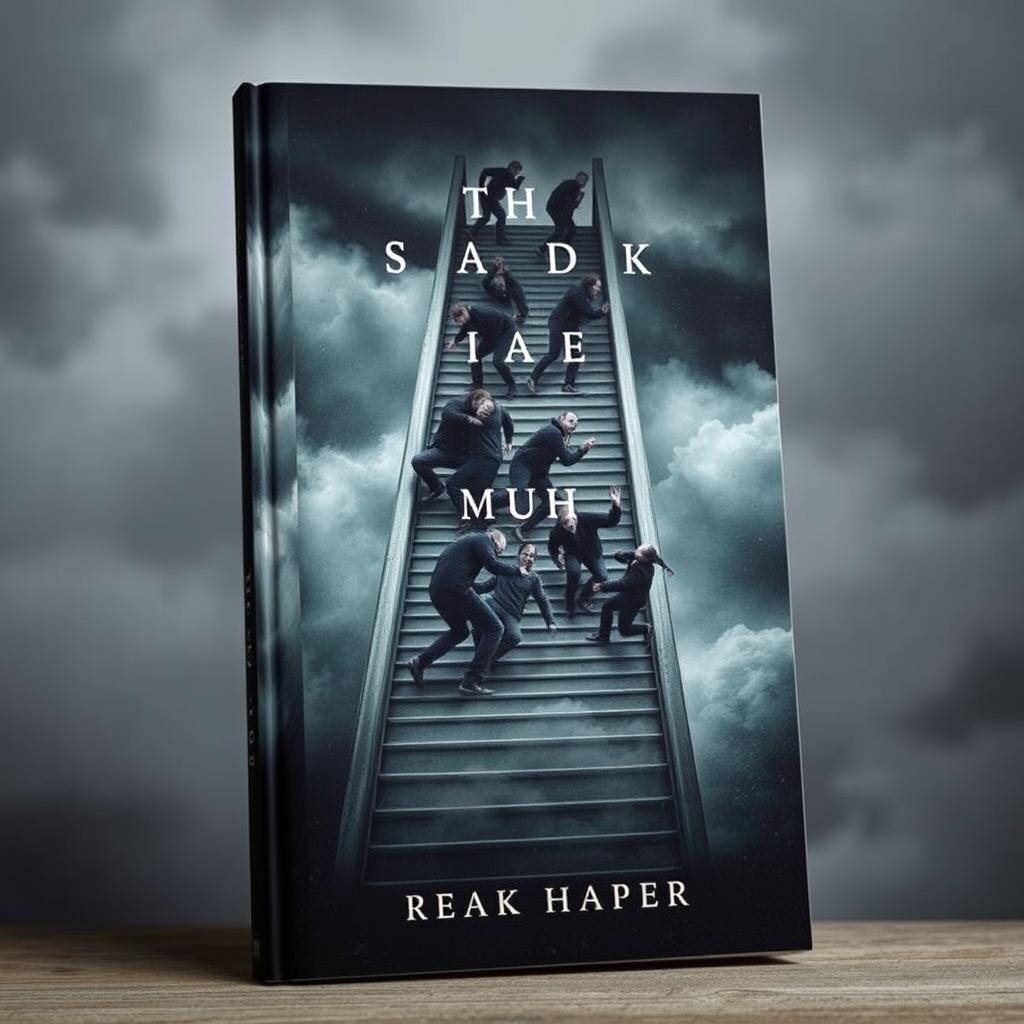 A dramatic book cover featuring a high staircase where several indistinct people are tumbling down violently and painfully, set against a dark and moody background with a cloudy sky