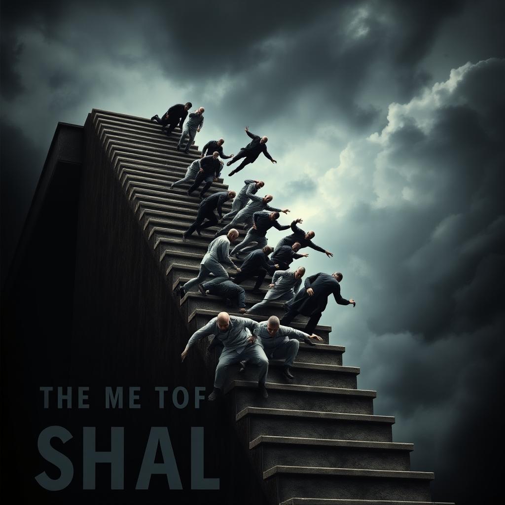 An intense book cover depicting a high staircase set against a dark background with a cloudy sky