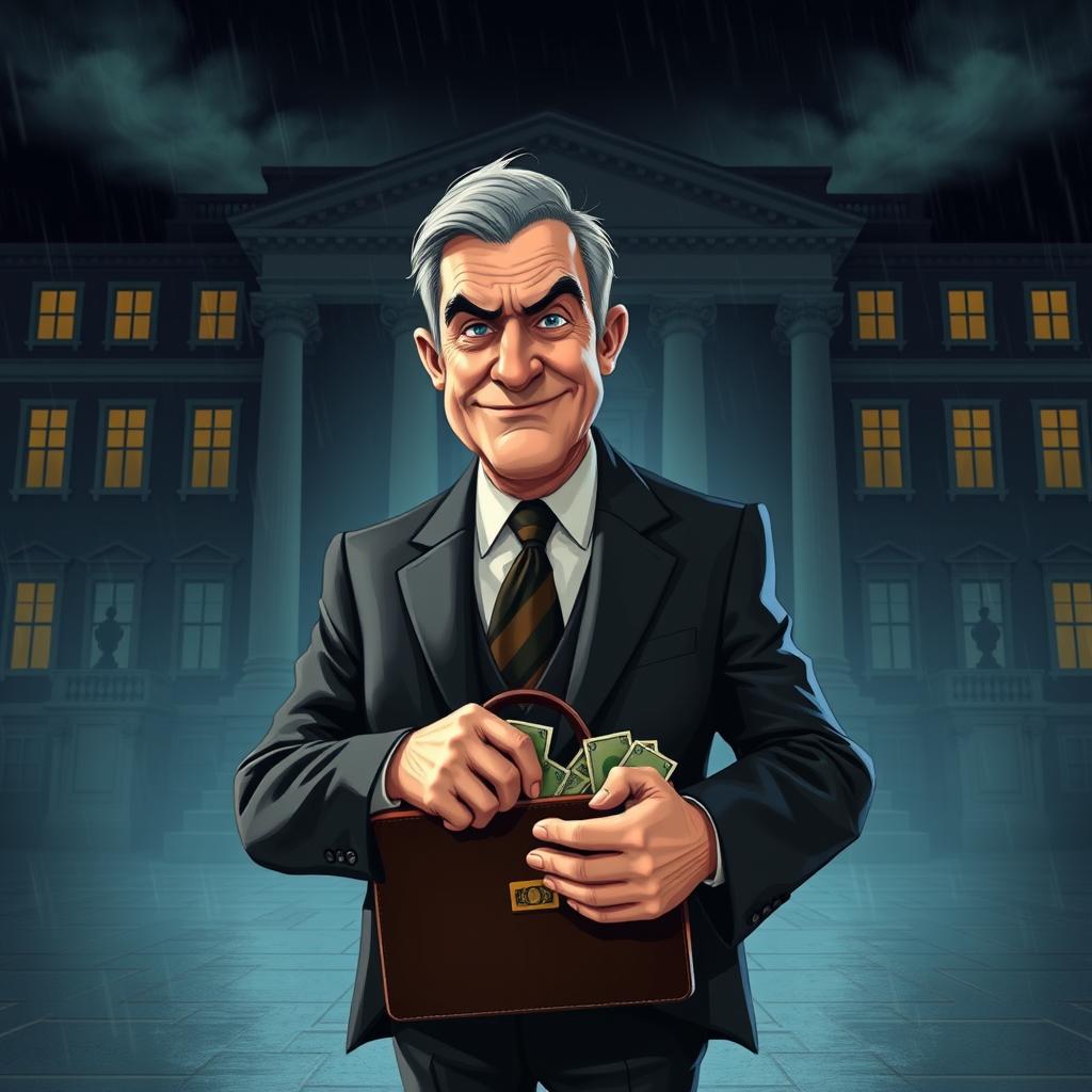 A visual representation of a corrupt Irish politician, set in a dramatic and atmospheric environment