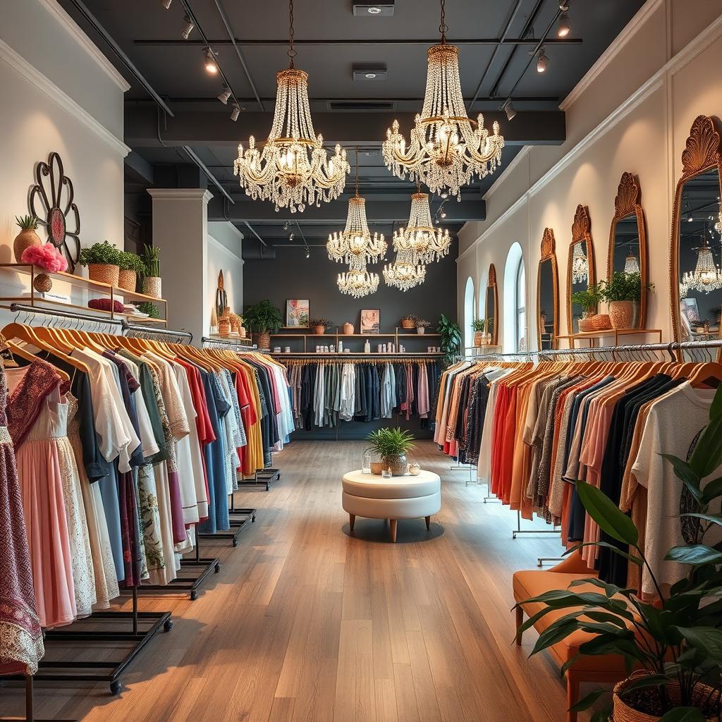 A beautifully styled clothing store interior, showcasing elegant clothes on display, sparkling chandeliers hanging from the ceiling, wooden flooring, racks filled with trendy garments in soft pastel and vibrant colors, well-lit ambiance with warm lights, decorative mirrors on the walls, a cozy seating area for customers, and stylish decor elements like plants and artwork creating a welcoming atmosphere