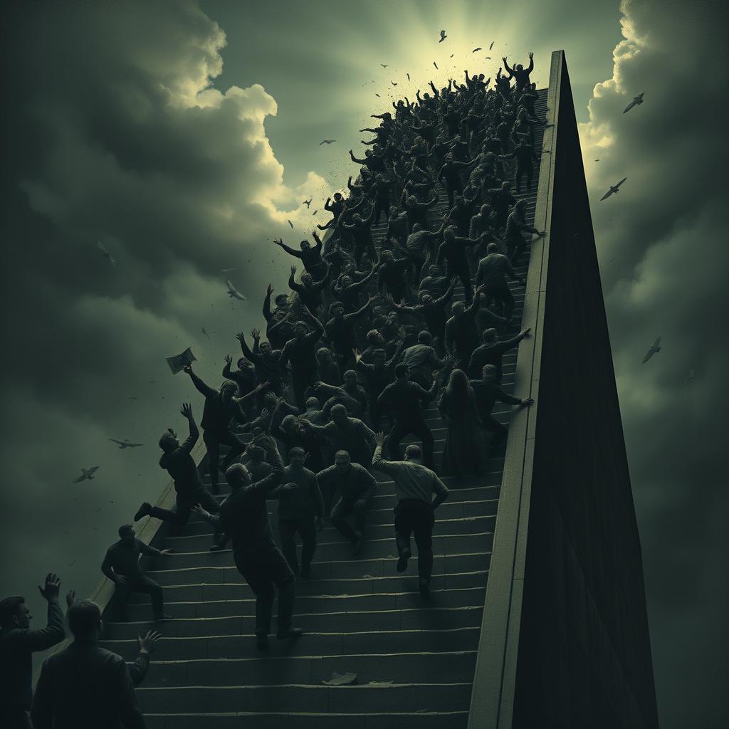 An imposing high staircase with numerous indistinct figures tumbling down violently and painfully, evoking a sense of chaos and anguish