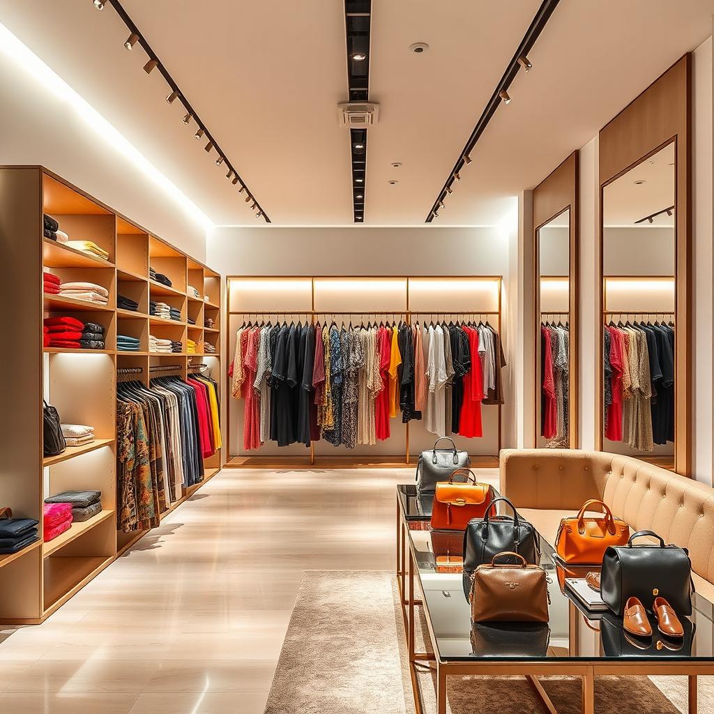A modern clothing store interior design, showcasing stylish and trendy displays