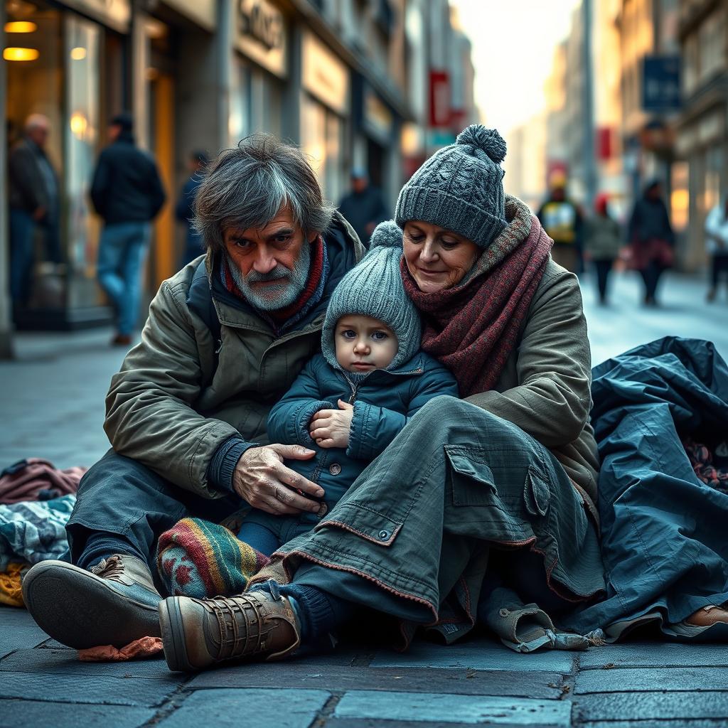 A poignant scene depicting a homeless Irish family sitting on a city street