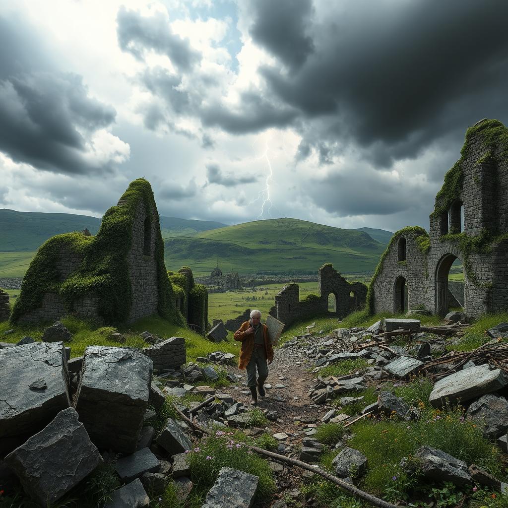 A post-apocalyptic scene depicting the ruins of a once-beautiful Irish landscape, featuring crumbling stone buildings with ivy and moss overtaking them, shattered glass, and decaying infrastructure amidst a backdrop of dramatic stormy skies
