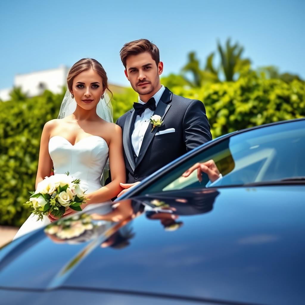 A beautiful bride and groom standing beside a Peugeot SLX car