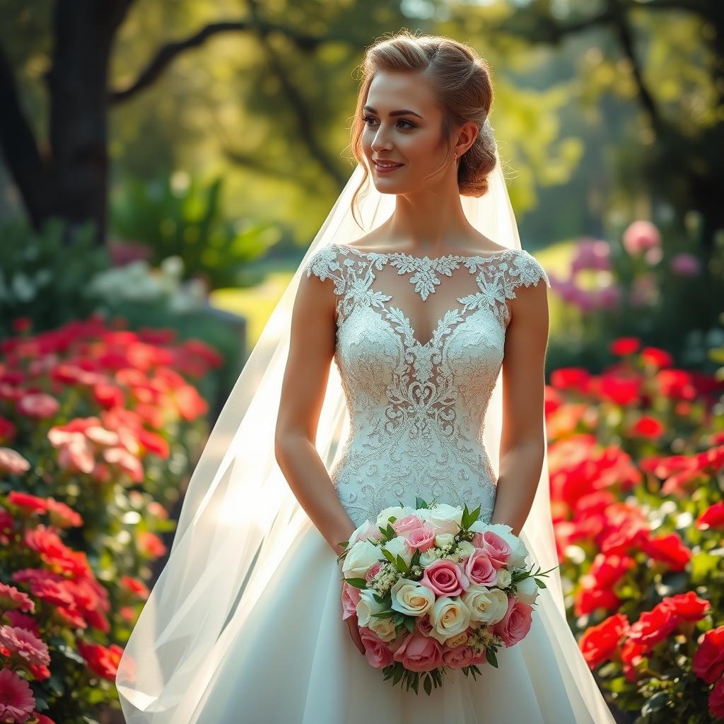 A beautiful bride in a stunning wedding dress, with delicate lace and sparkling details, and a groom with a light beard and charming cheekbones, standing together in a picturesque garden setting filled with vibrant flowers and soft sunlight filtering through the trees