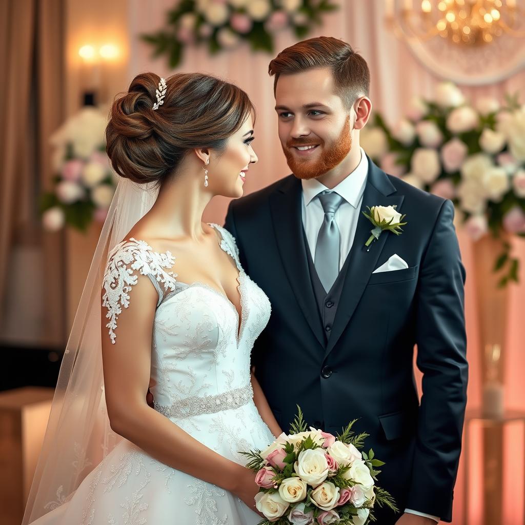 A beautiful bride wearing a stunning wedding dress, standing beside her groom who has a light beard and defined cheekbones