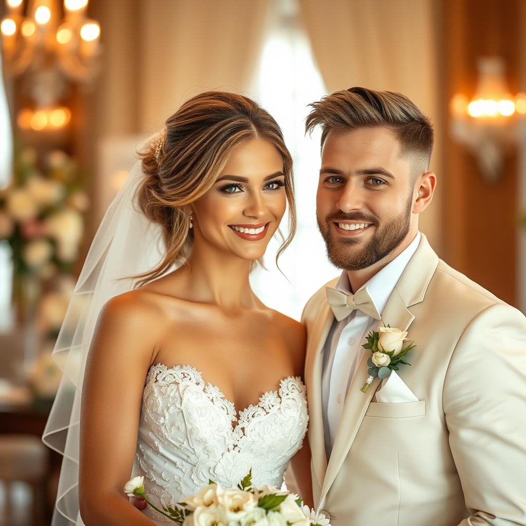 A beautiful bride with fluffy hair, wearing an elegant wedding dress, standing next to a groom with a light beard and a charming cheekbone structure