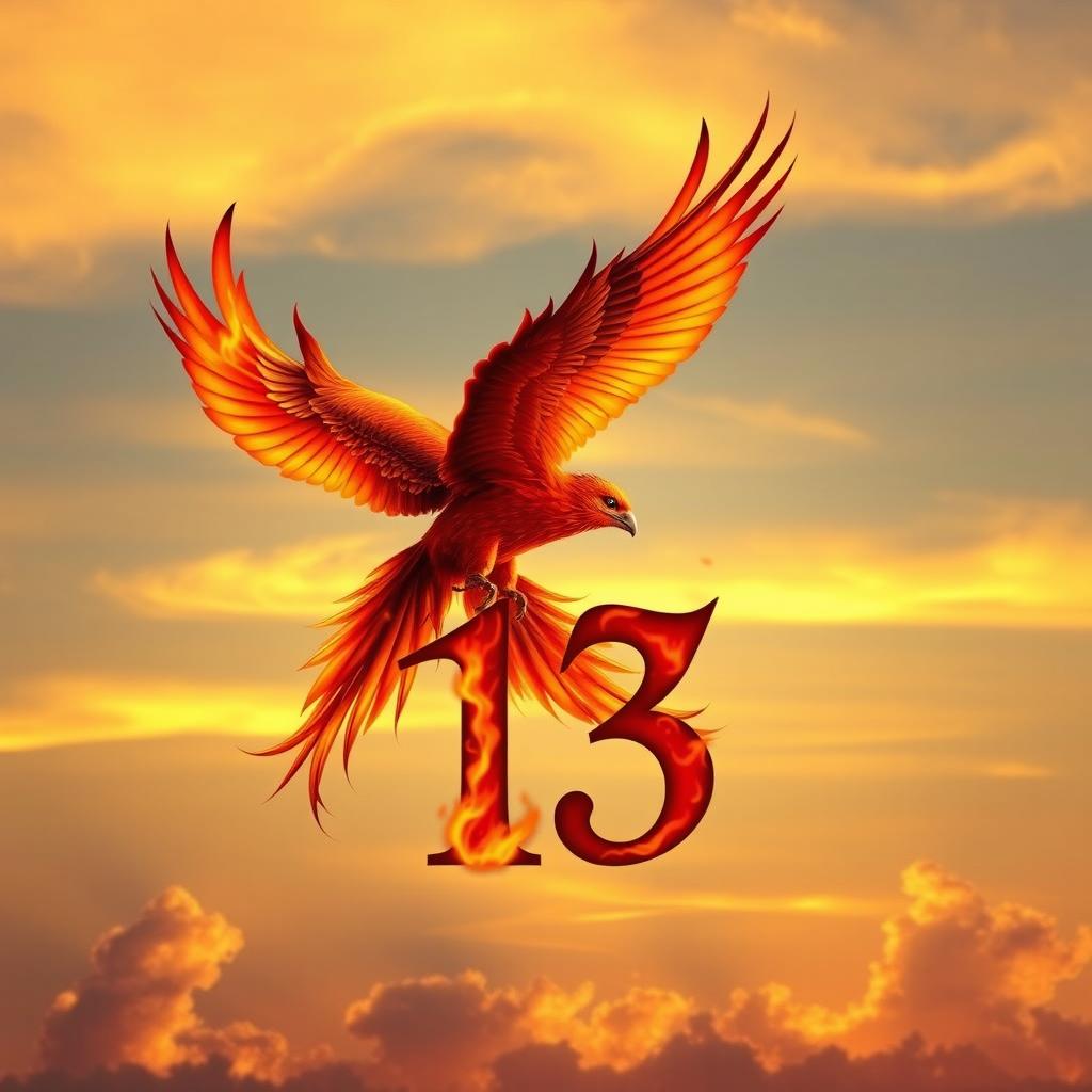 A majestic phoenix bird soaring through the sky, its feathers ablaze with brilliant reds, oranges, and yellows, symbolizing rebirth and immortality