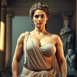 A powerful and striking ancient Greek woman, characterized by her busty and curvy figure, exuding sensuality and strength