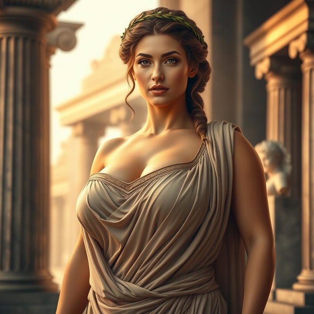A powerful and striking ancient Greek woman, characterized by her busty and curvy figure, exuding sensuality and strength