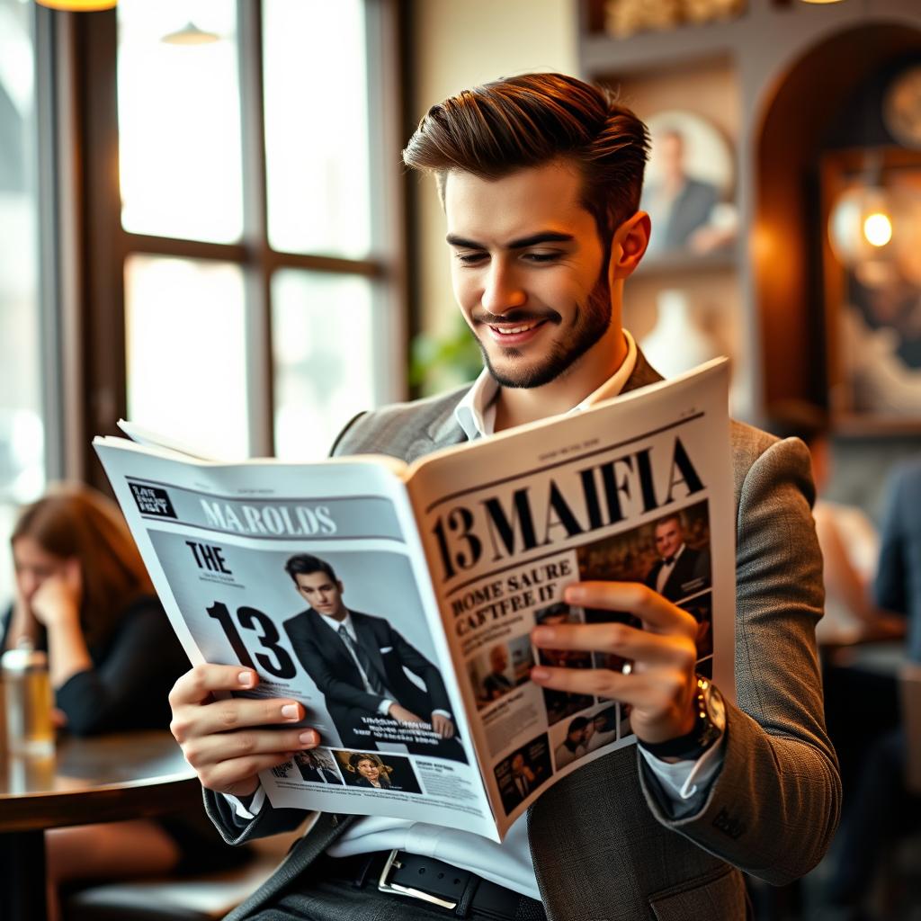 A handsome man casually reading a magazine that features an article about the 13 Mafia group