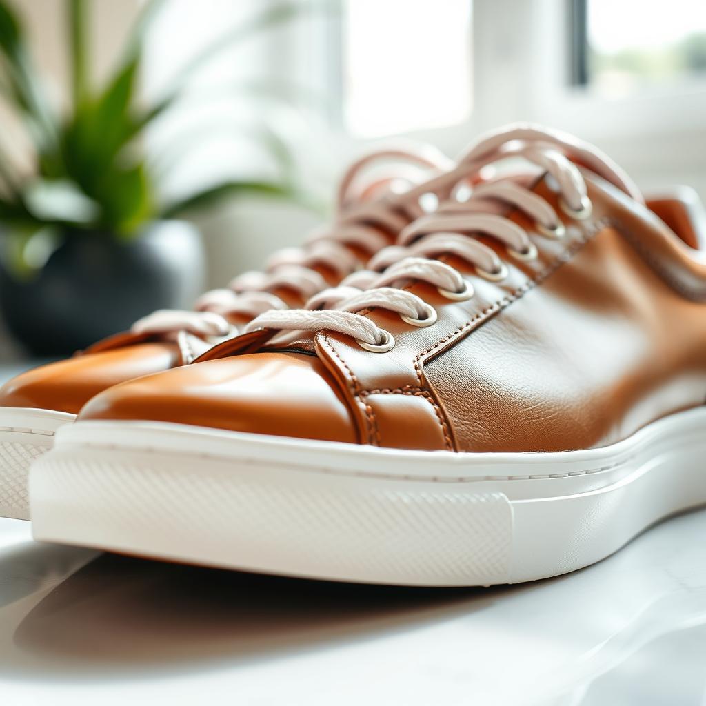 A close-up of a pair of stylish sneakers on a clean surface, showcasing shiny, polished leather and immaculate white soles