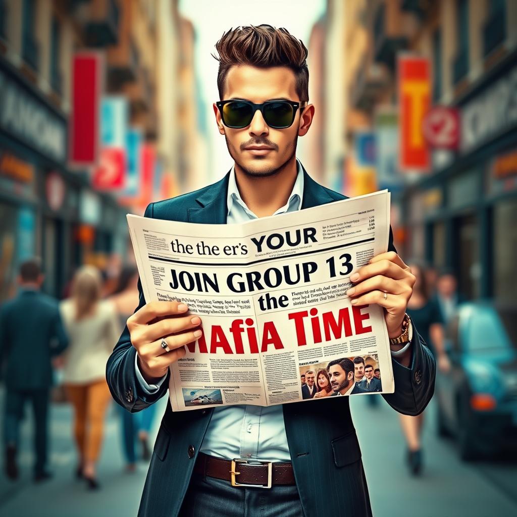 A stylishly dressed man holding a newspaper with the headline 'Join Group 13 in the Mafia Time' prominently displayed