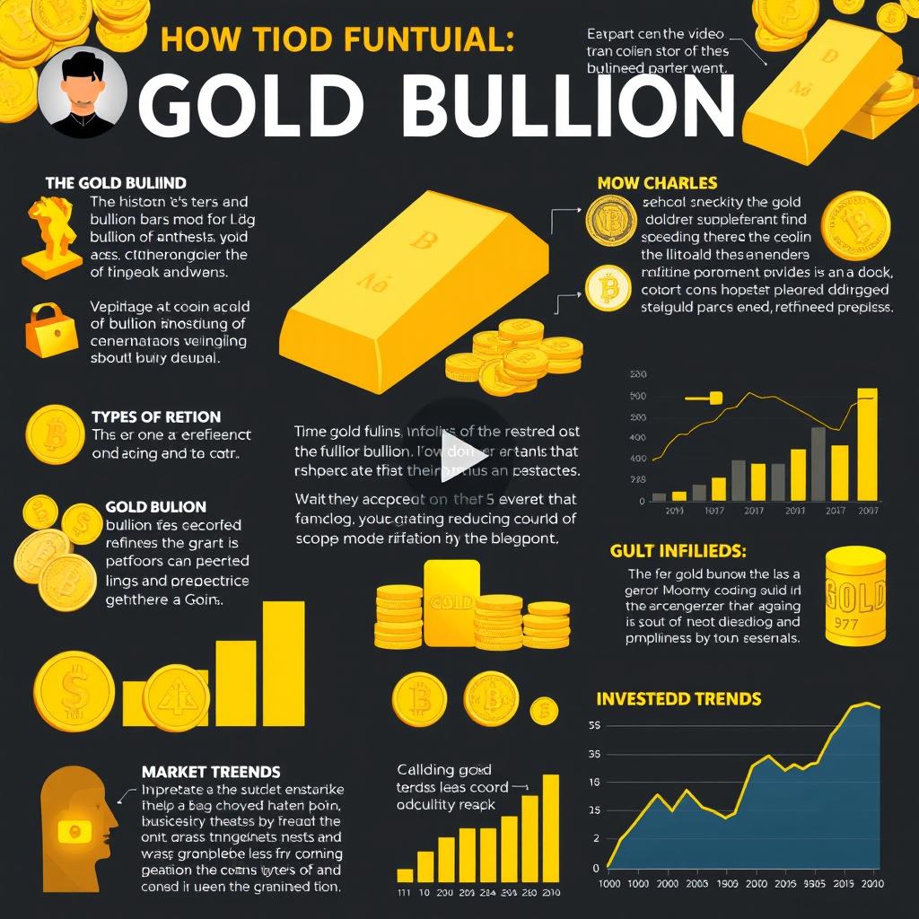 A detailed infographic video discussing gold bullion, covering aspects such as the history of gold bullion, types of gold bullion bars, how gold is refined, its investment potential, and market trends