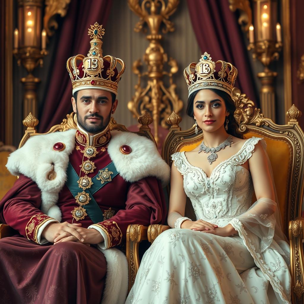 A beautiful king and queen sitting elegantly on thrones, adorned in opulent royal attire