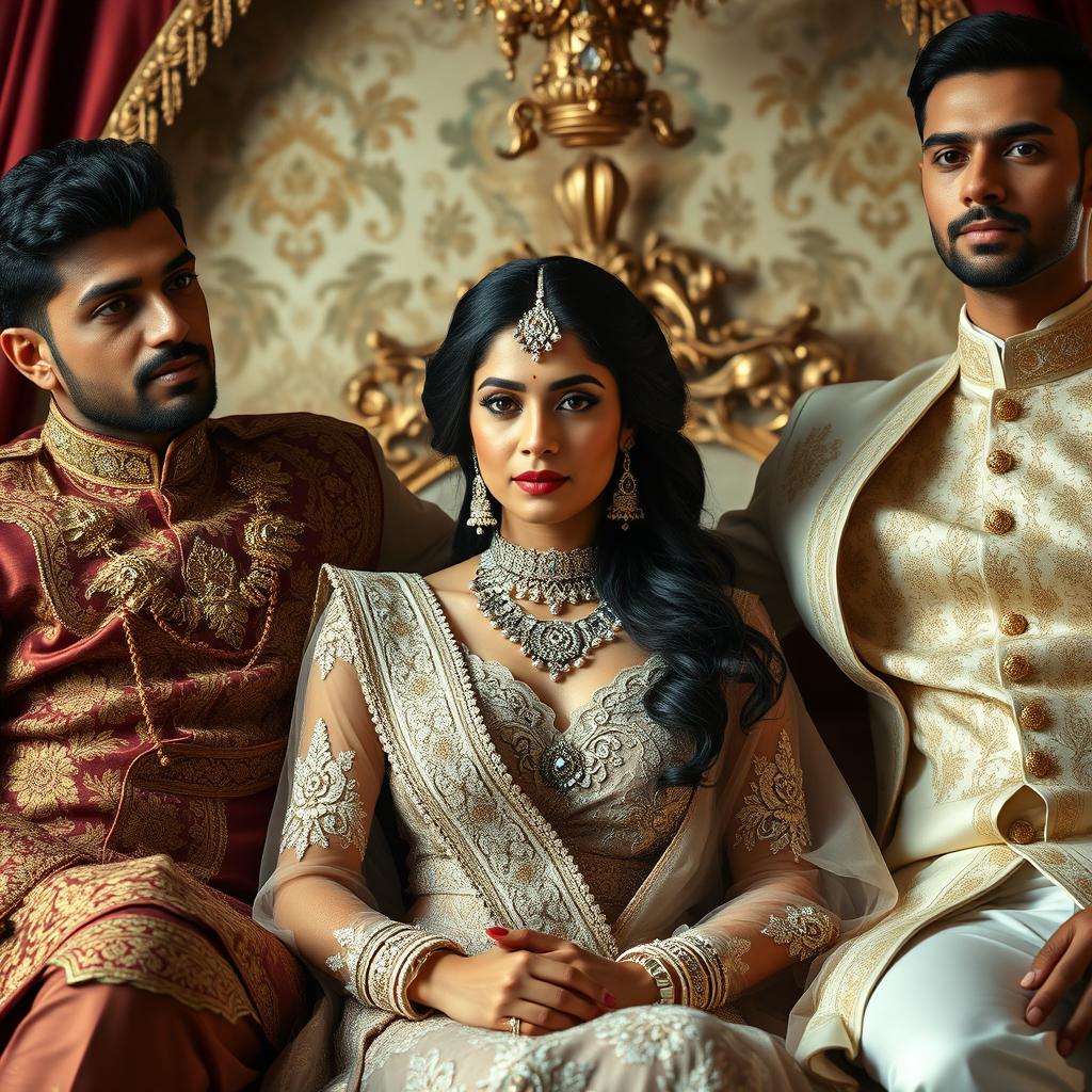 An Indian queen in a lavish and intimate setting, elegantly adorned in traditional royal attire with intricate jewelry, sitting gracefully between two men