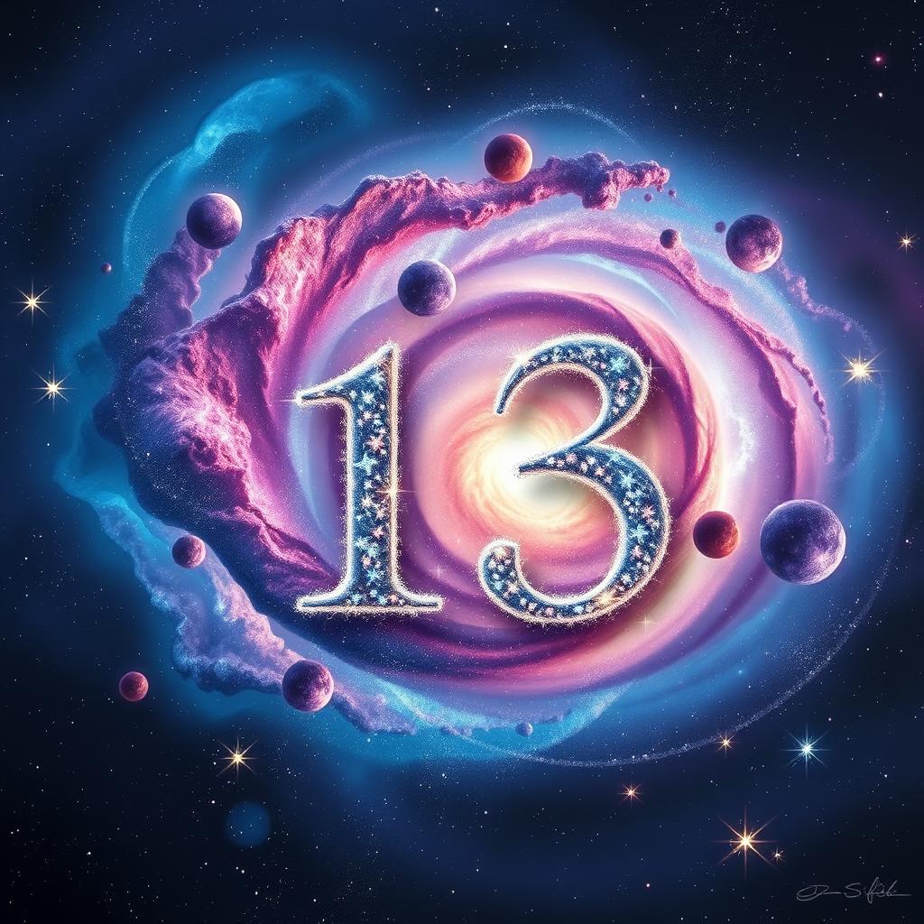A stunning and vibrant depiction of a galaxy, swirling with cosmic dust and brilliant stars, intertwined with the number 13 elegantly integrated into the celestial scene
