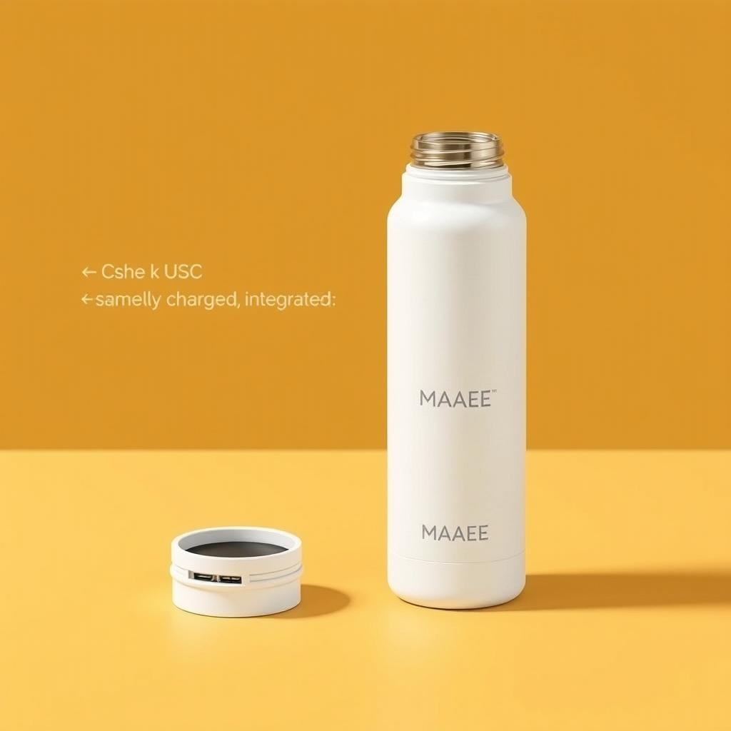 A sleek and modern white thermal flask with a screw-on bottom, featuring USB and USB-C charging ports