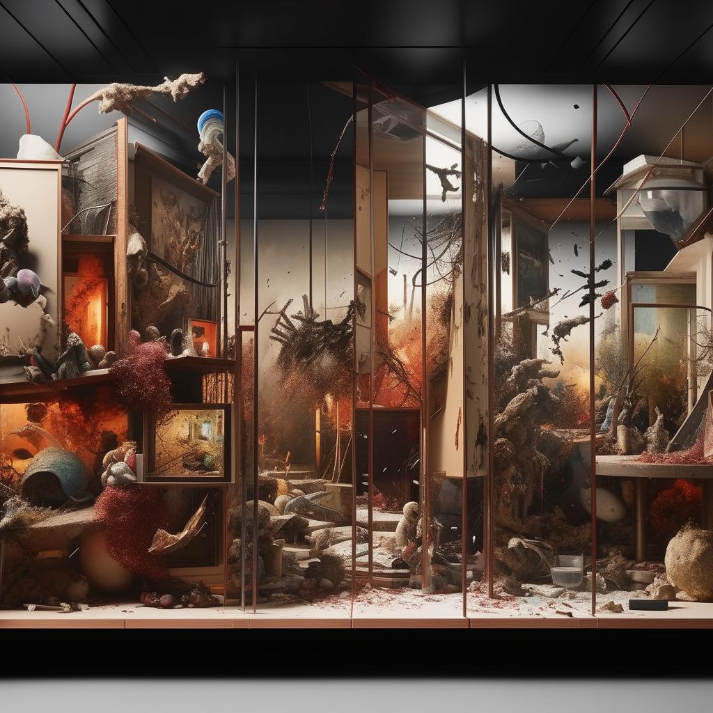 A chaotic scene encapsulated within segmented panels, each showcasing a different aspect of the pandemonium, functioning as a versatile mood board.