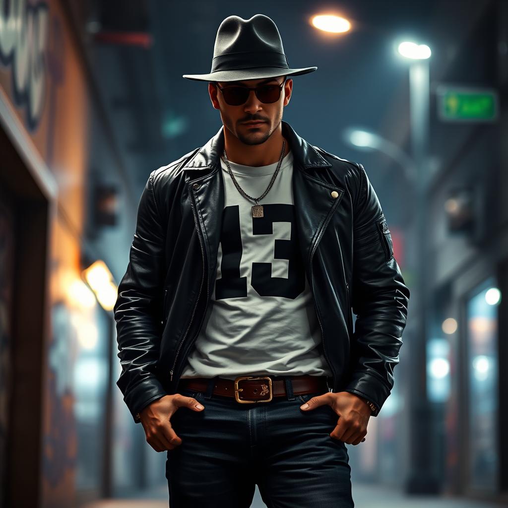 A gangster man wearing a stylish outfit with the number 13 prominently displayed on his clothing