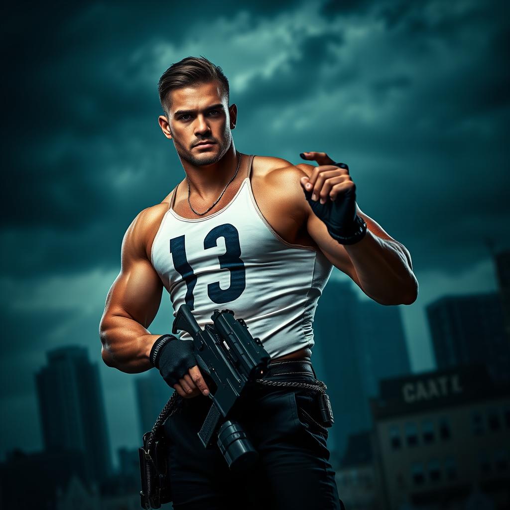 A strong man standing confidently, holding a weapon