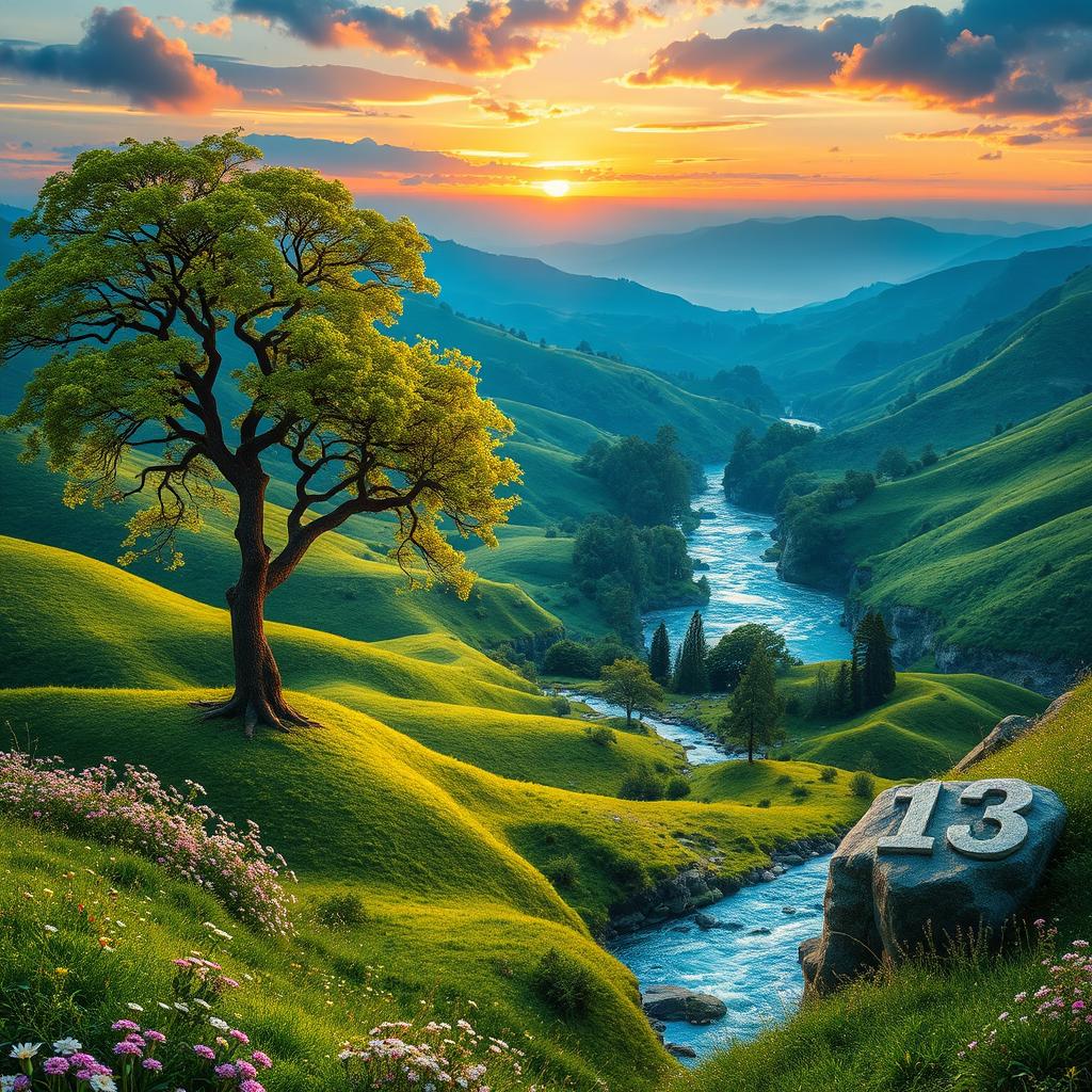 A breathtaking landscape scene featuring a beautiful and serene location, prominently featuring the number 13 as a focal point