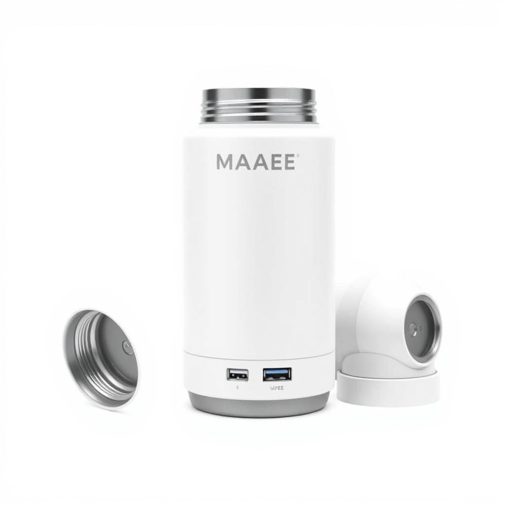 A stylish white thermal flask with a secure lid and a unique feature where the bottom can also be unscrewed