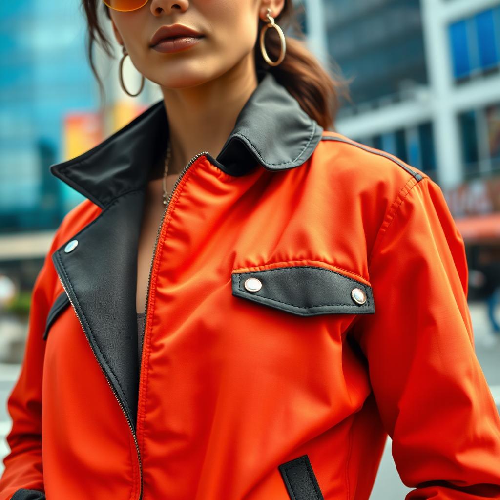 A close-up shot of a fashionable person wearing a stylish jacket that is naturally closed, showcasing high-quality fabric and modern design