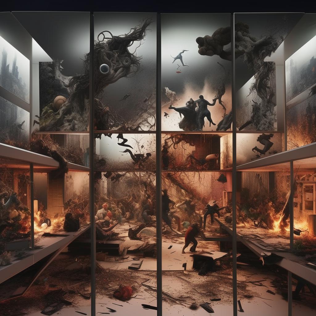 A chaotic scene encapsulated within segmented panels, each showcasing a different aspect of the pandemonium, functioning as a versatile mood board.
