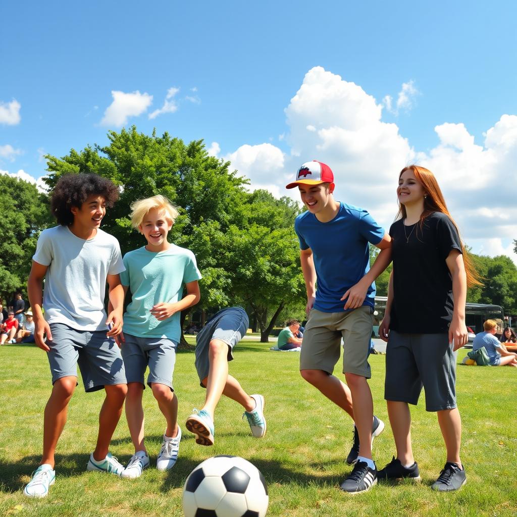 A vibrant scene showcasing four teenage boys enjoying a sunny day at the park
