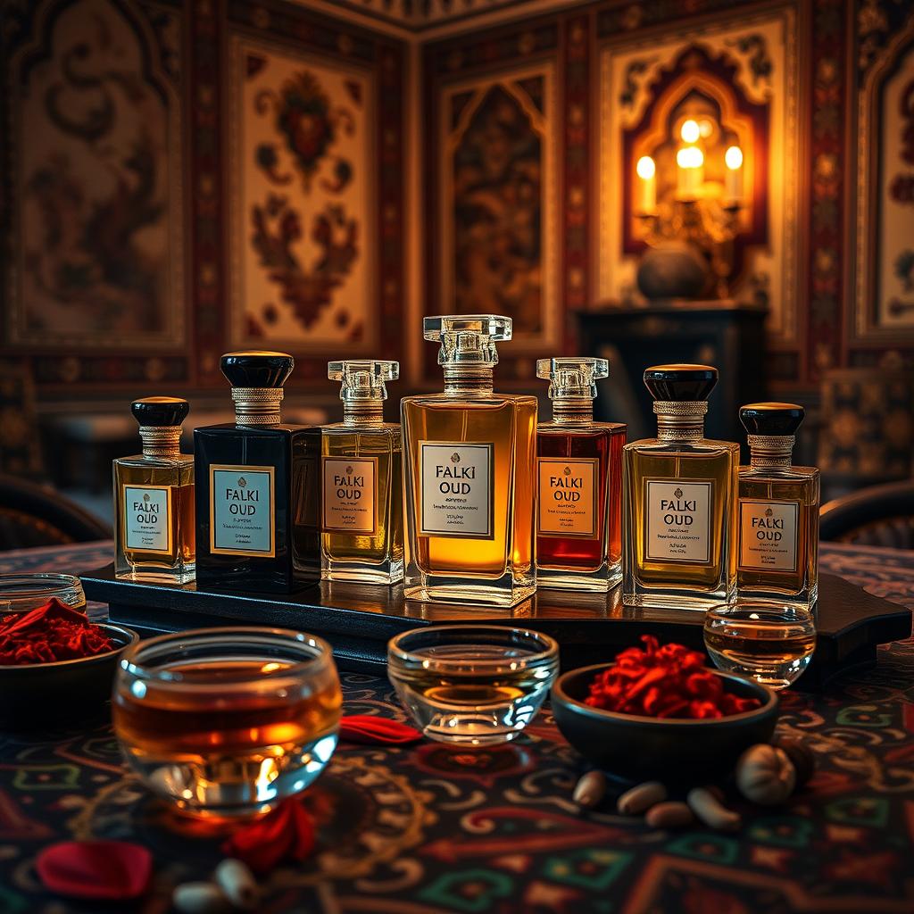 A luxurious, visually stunning display of Falki Oud perfume bottles, elegantly arranged on a richly decorated wooden tabletop