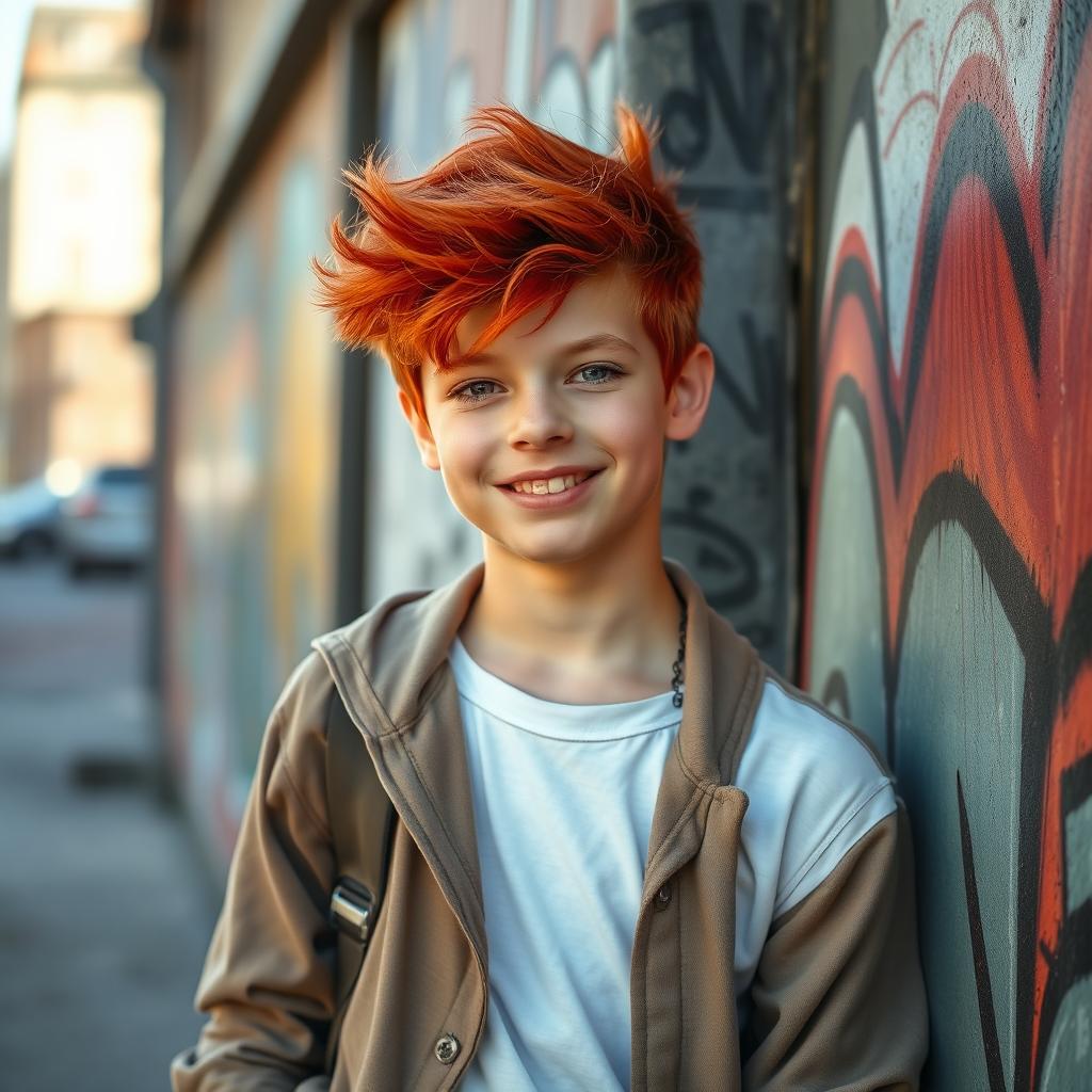 A 16-year-old boy with striking red hair, casually dressed in a stylish outfit