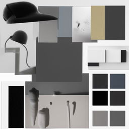 An ultra minimalist editorial mood board containing simple, sleek designs and a monochrome color palette.