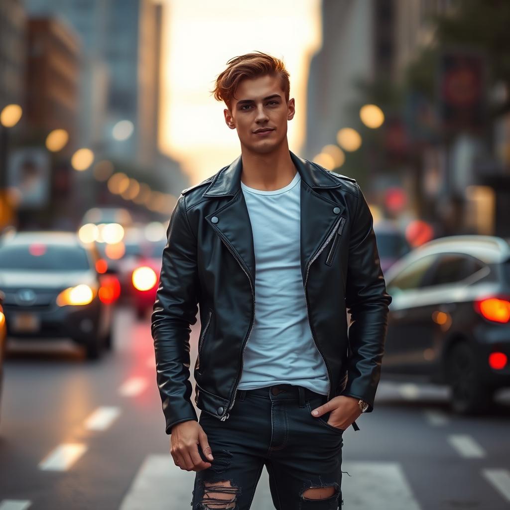 A stylish young man with an athletic build, wearing a fitted black leather jacket over a white fitted t-shirt, paired with ripped dark jeans and black combat boots