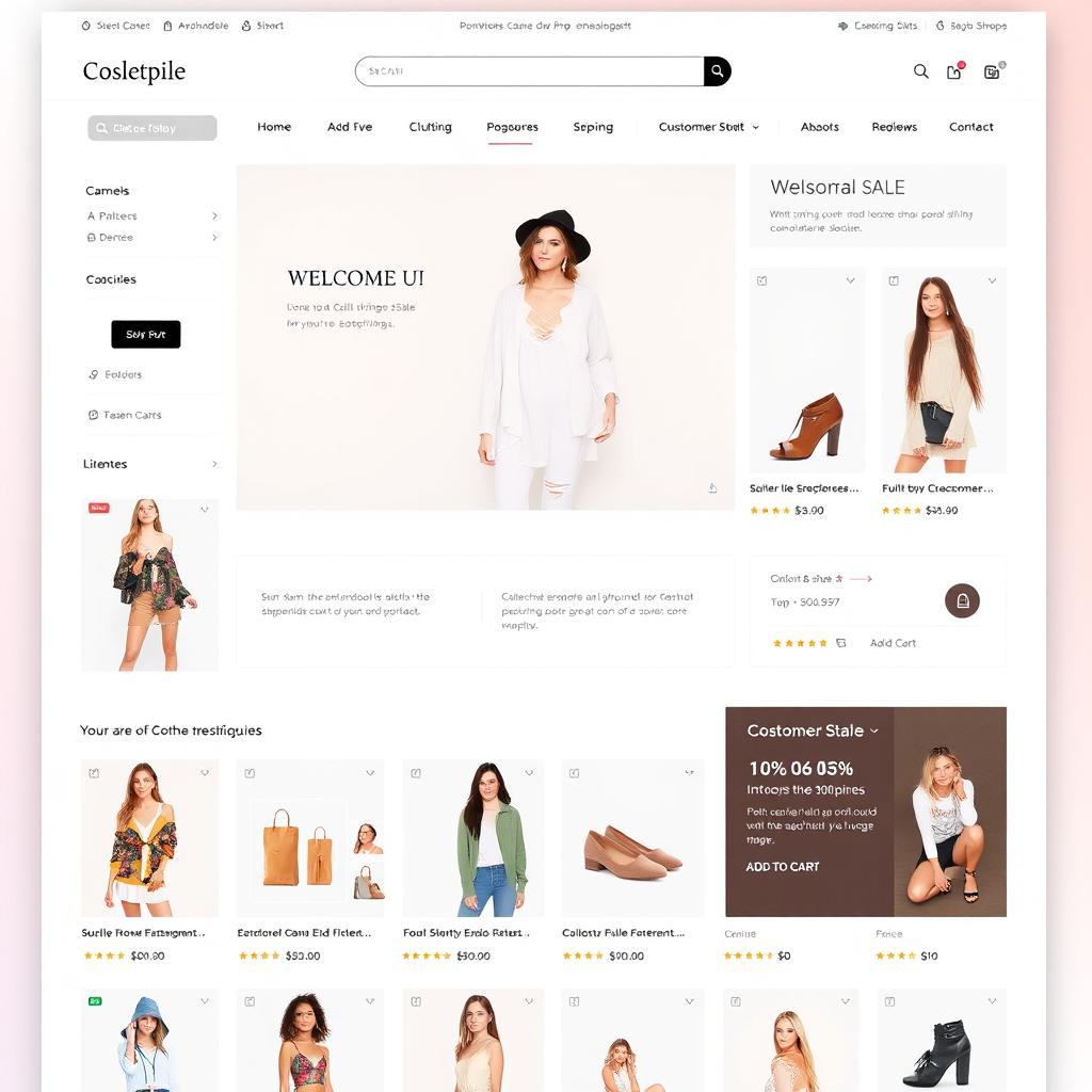 An elegant and visually appealing e-commerce page, showcasing a variety of trendy fashion items including clothing, accessories, and shoes