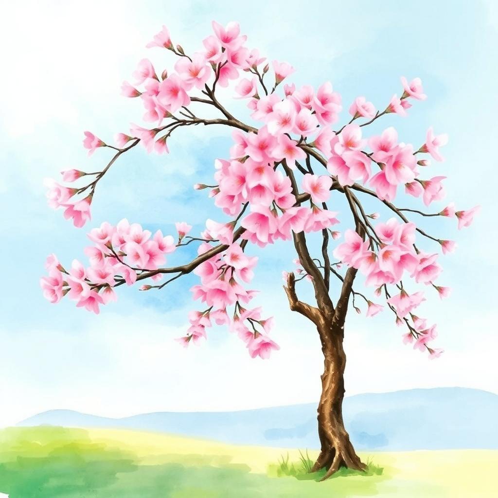 A serene watercolor painting of a cherry blossom tree in full bloom, showcasing delicate pink flowers contrasted against a soft blue sky