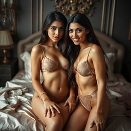 Nineteen-year-old tan Arabic Latina model twin sisters, both aged 18, petite with very long dark brunette hair, very skinny with small busts and small buttocks