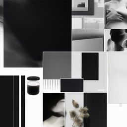 An ultra minimalist editorial mood board containing simple, sleek designs and a monochrome color palette.