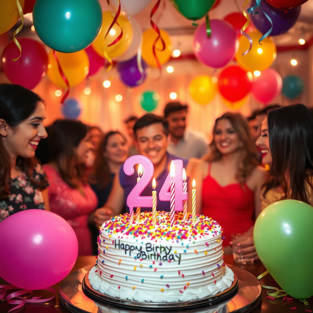 A vibrant and festive scene celebrating a 24th birthday, featuring a decorated birthday cake with candles, colorful balloons, and streamers
