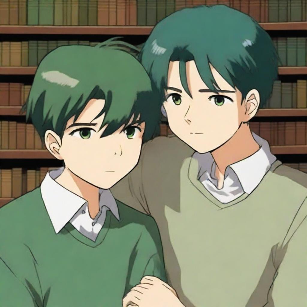 This high-quality anime-style digital art depicts two handsome high school boys in a library setting, falling in love