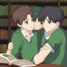 This high-quality anime-style digital art depicts two handsome high school boys in a library setting, falling in love