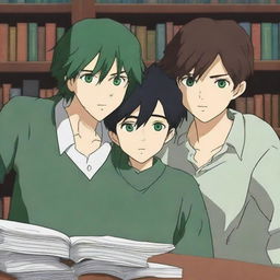 This high-quality anime-style digital art depicts two handsome high school boys in a library setting, falling in love