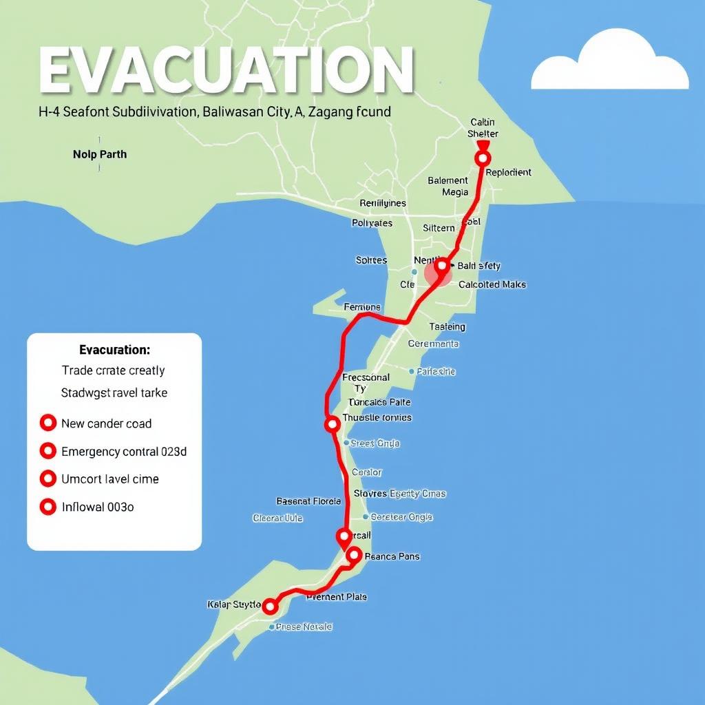 Create a detailed evacuation plan from H-4 Seafront Subdivision, Baliwasan Grande, Zamboanga City to Baliwasan Central School