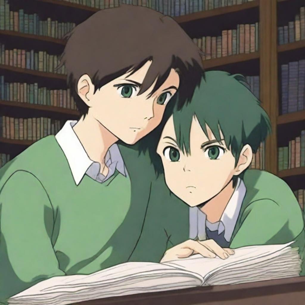 This high-quality anime-style digital art depicts two handsome high school boys in a library setting, falling in love