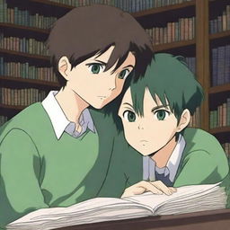 This high-quality anime-style digital art depicts two handsome high school boys in a library setting, falling in love