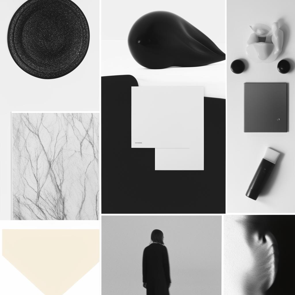 An ultra minimalist editorial mood board containing simple, sleek designs and a monochrome color palette.