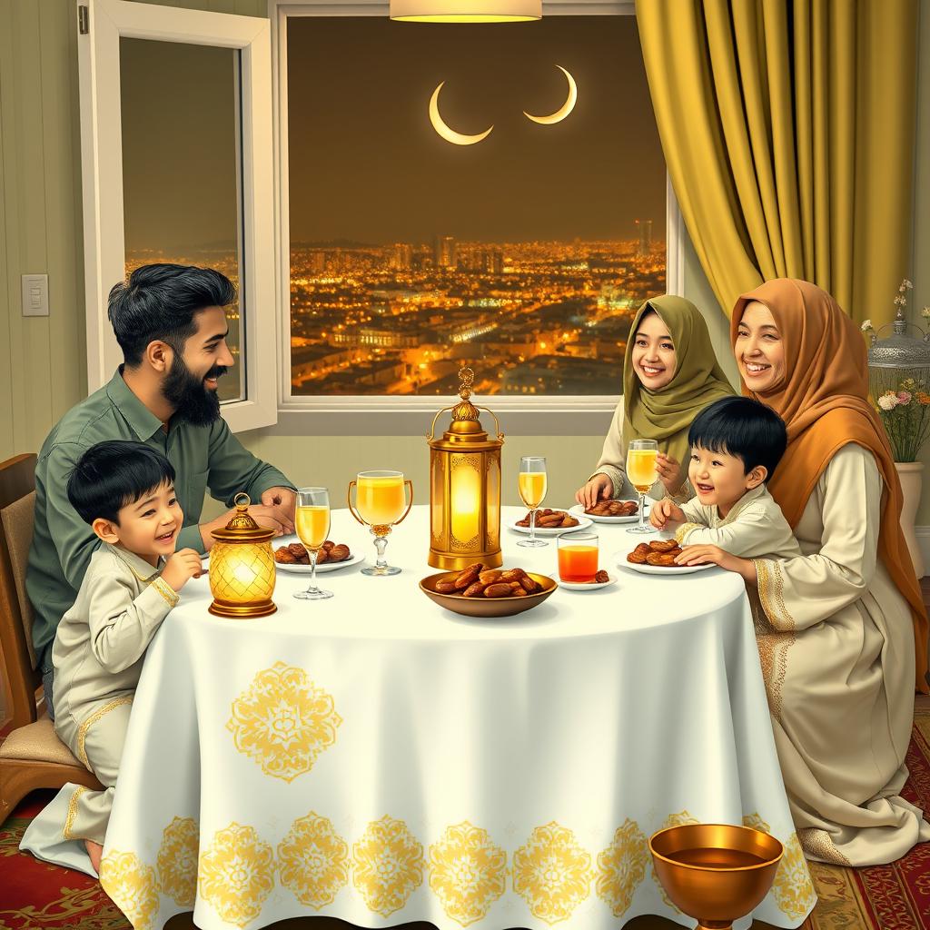 A happy family gathered around a breakfast table during Ramadan, consisting of a father, mother, grandfather, and three young children (two boys and a girl)
