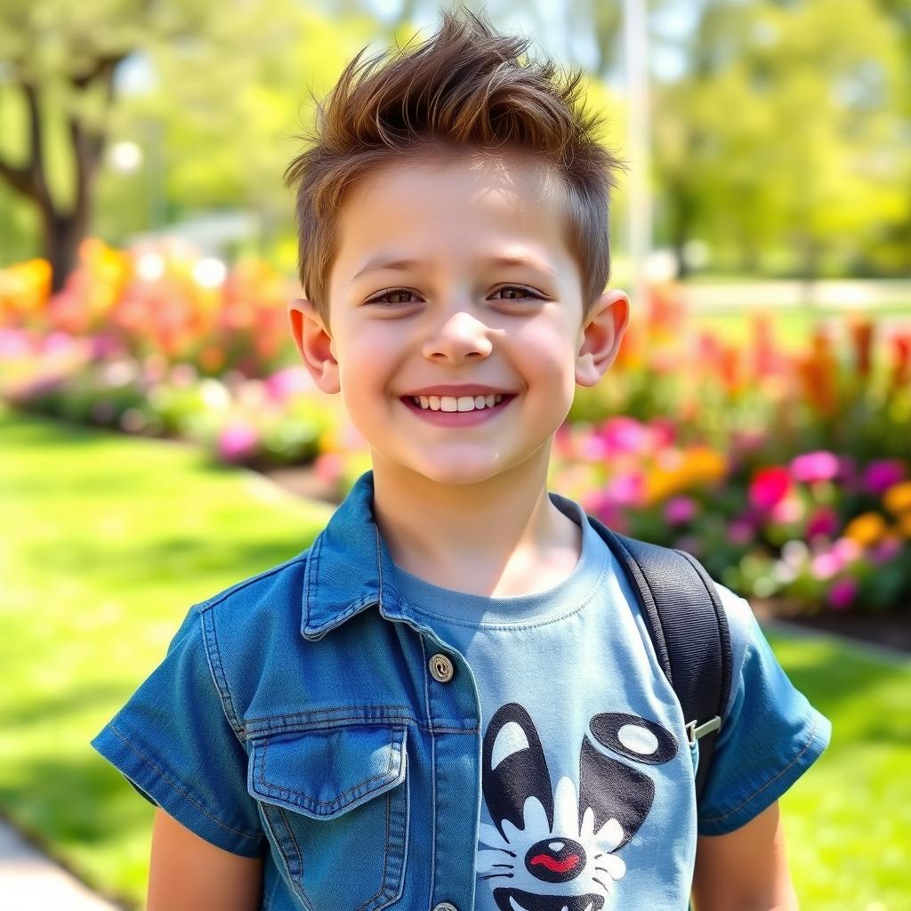 A young boy with a light complexion, showcasing a unique and playful demeanor, wearing a casual outfit that reflects a contemporary style